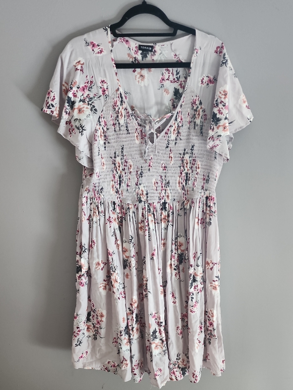 Torrid Light Pink Floral Smocked Lace-Up Mini Dress with Pink & Green Blooms